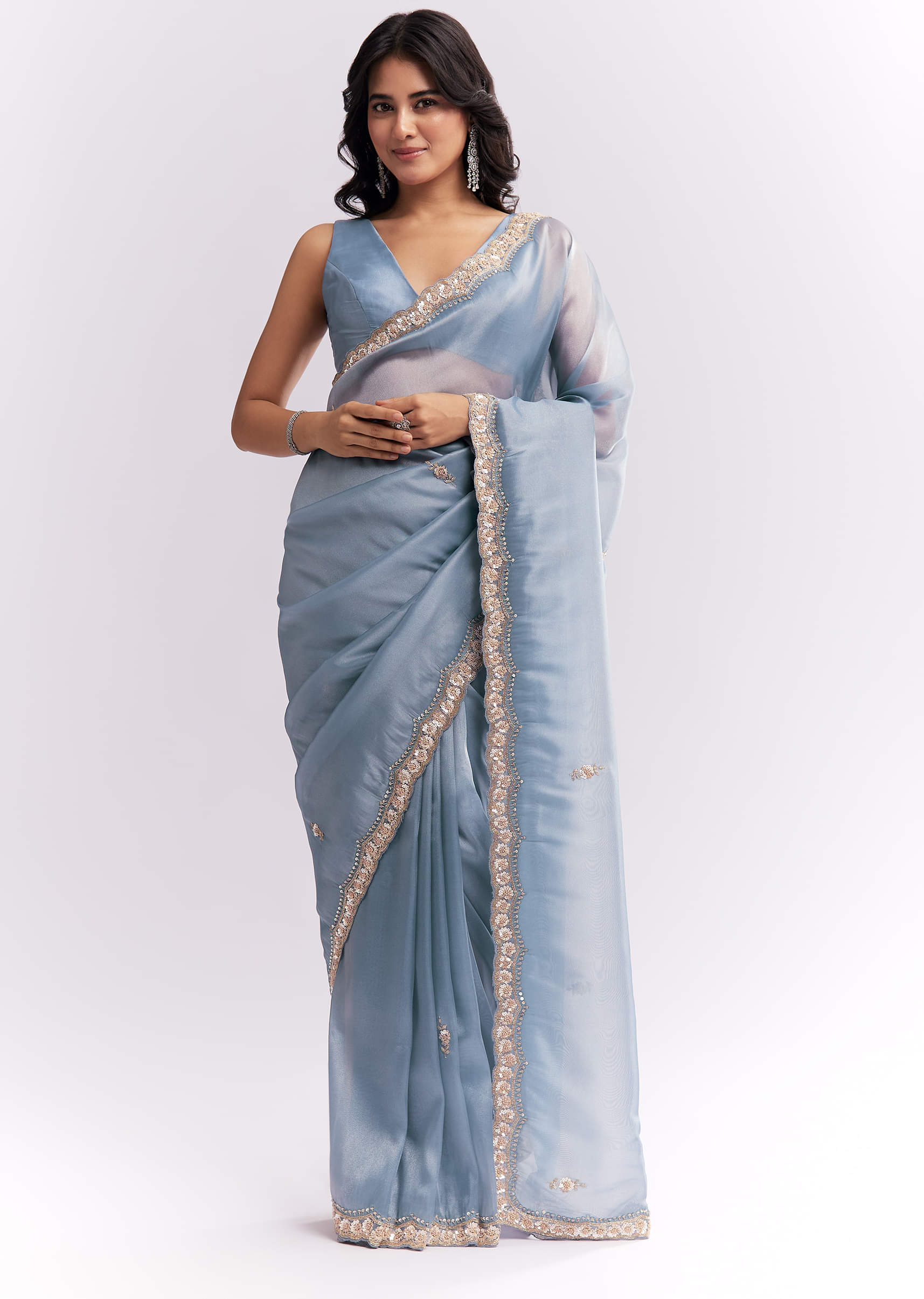 Blue Tissue Silk Saree With Heavy Hand Embroidery