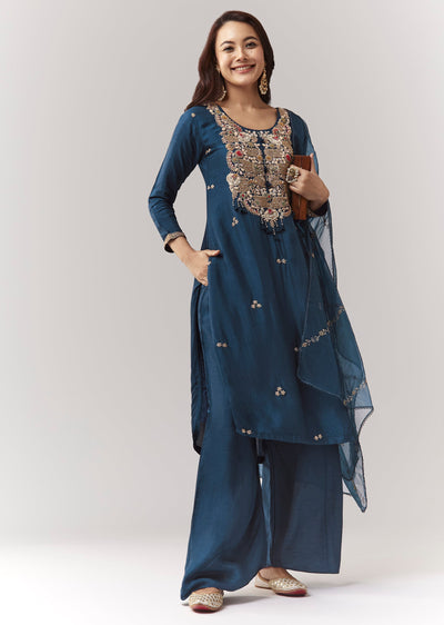 Blue Zardosi Kurta Pant Set With Dupatta
