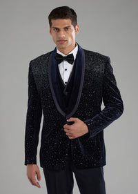 Blue Zardozi Embellished Tuxedo Set with Bow Tie