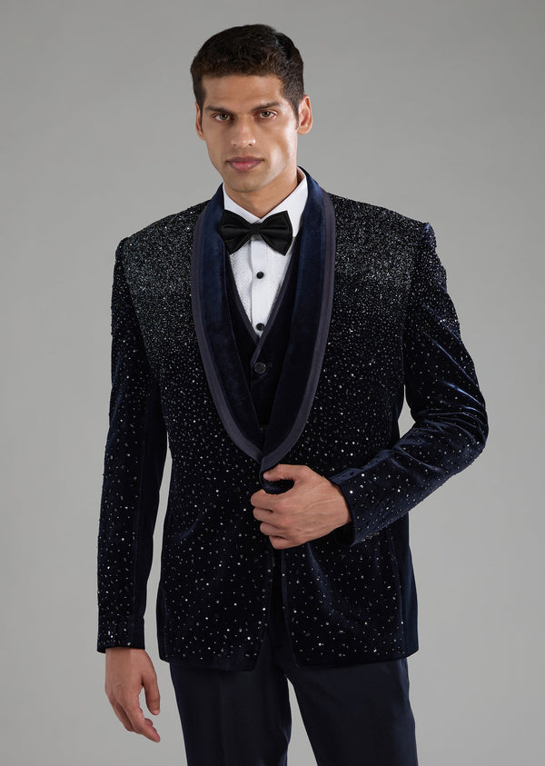 Blue Zardozi Embellished Tuxedo Set with Bow Tie