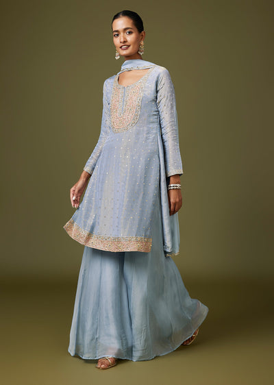 Blue Zardozi Sequin Organza Palazzo Suit With Dupatta