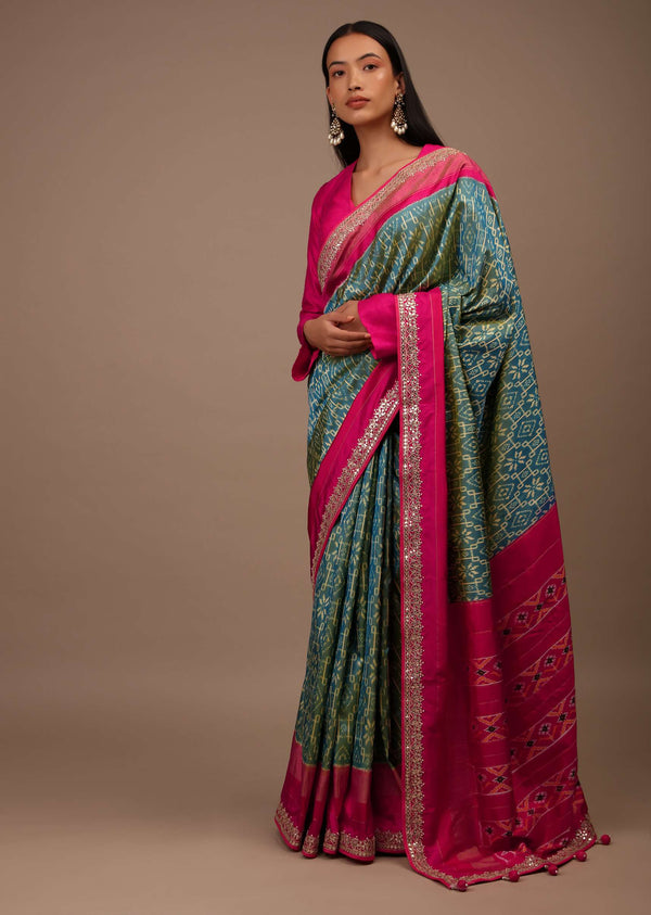 Blue And Green Two Toned Saree In Silk With Pure Patola Weave And Gotta Patti Embroidered Border