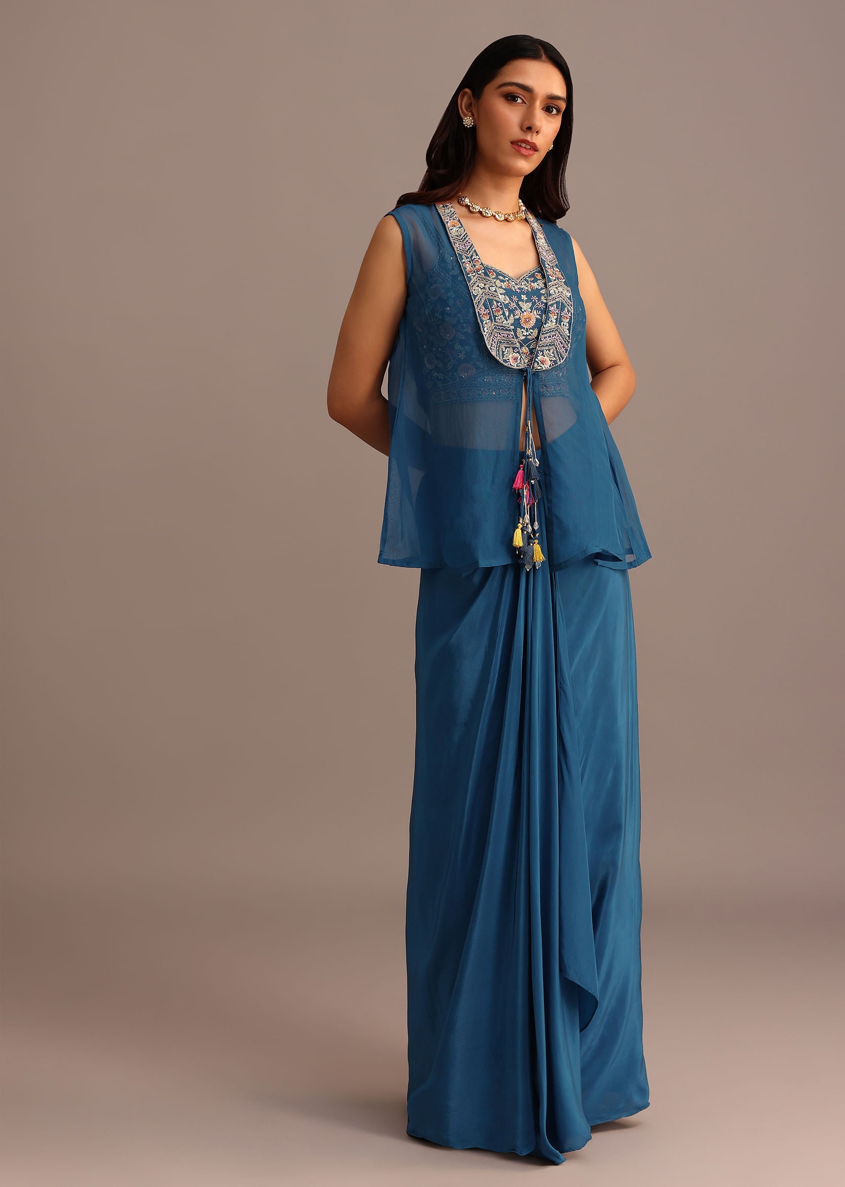 Blue Embroidered Croptop With Drape Skirt And Organza Jacket