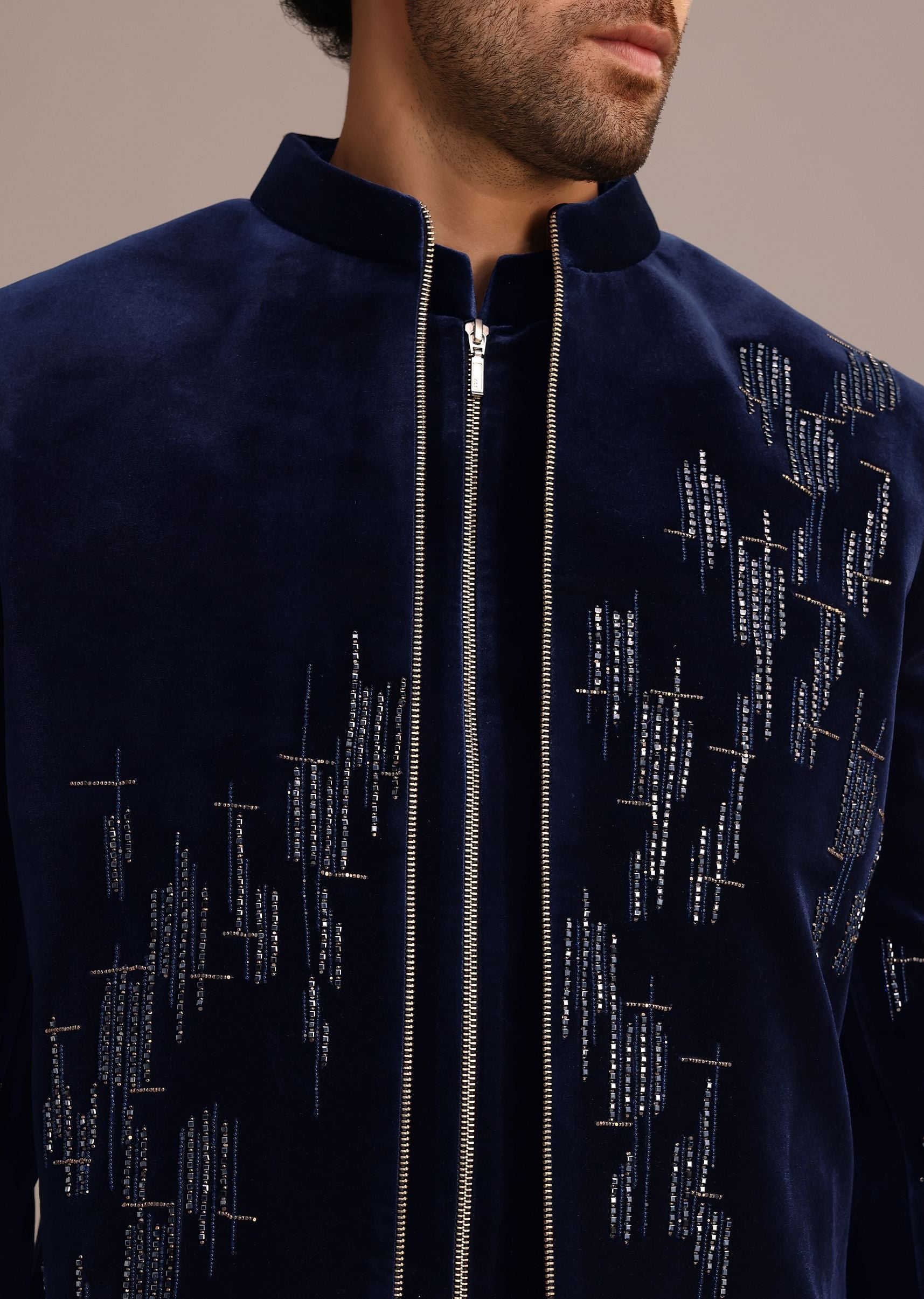 Blue Embroidered Indo Western Set in Velvet