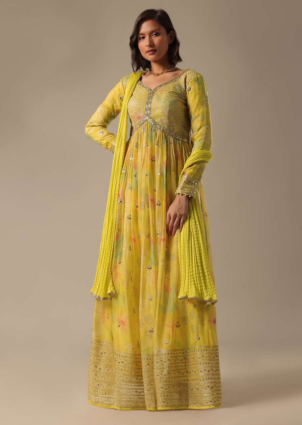 Green Printed Anarkali Set With Sequin Work