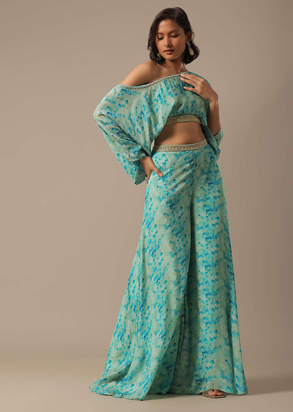 Blue Floral Print Crop Top And Palazzo Set