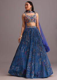 Blue Hand Embroidered Choli With Bandhani Print Lehenga And Choker Net Dupatta