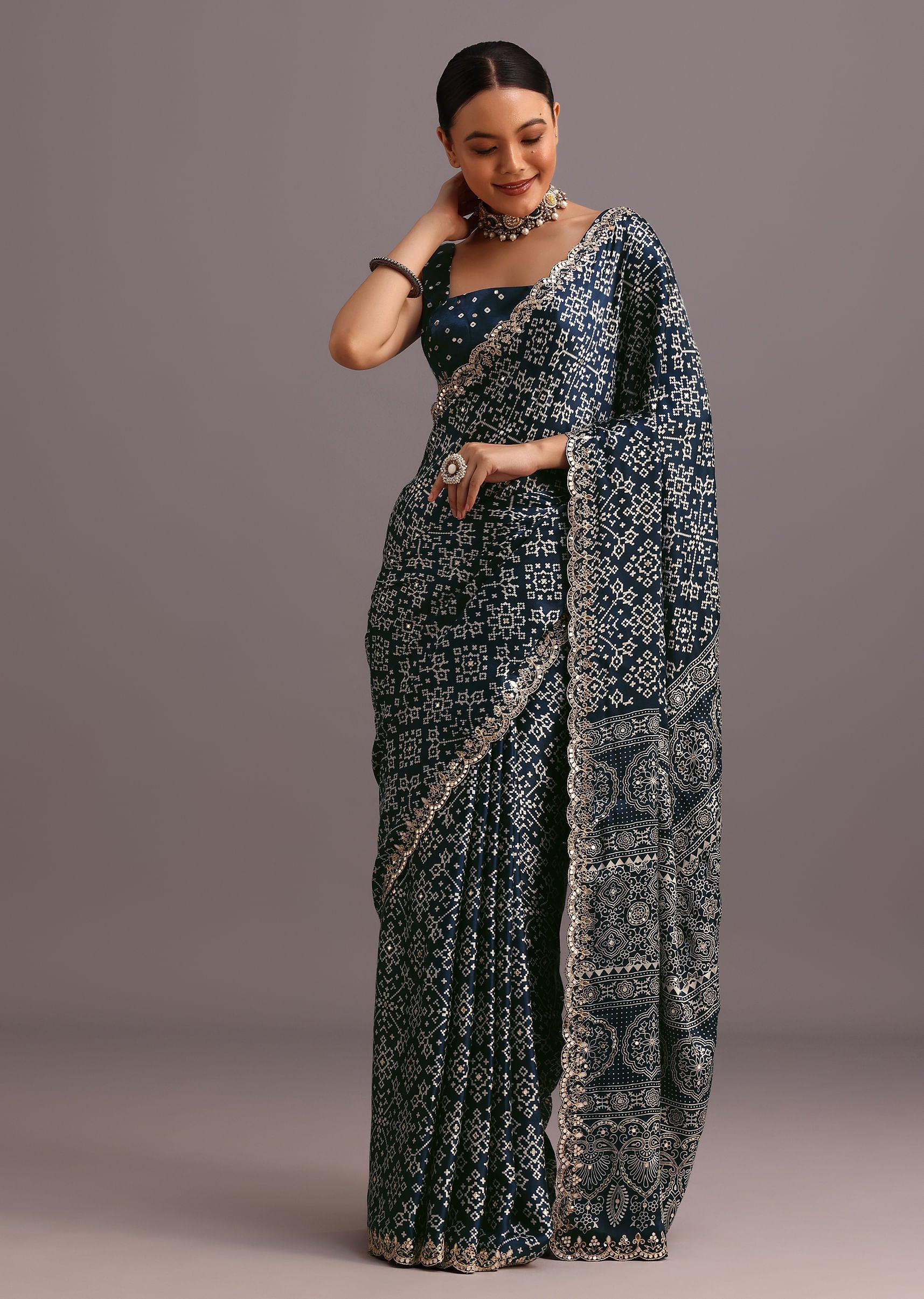 Blue Indigo Mirror And Ajrakh Print Embroidered Saree