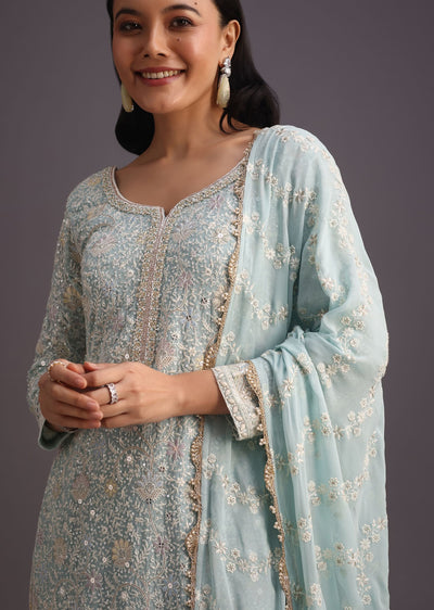 Blue Lucknowi Kurti Set With Resham Work Dupatta And Gotta Border