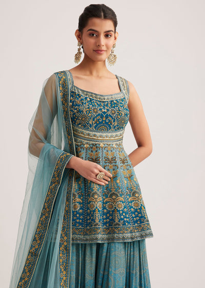 Blue Ombre Crepe Kurta Palazzo Set With Embellished Net Dupatta