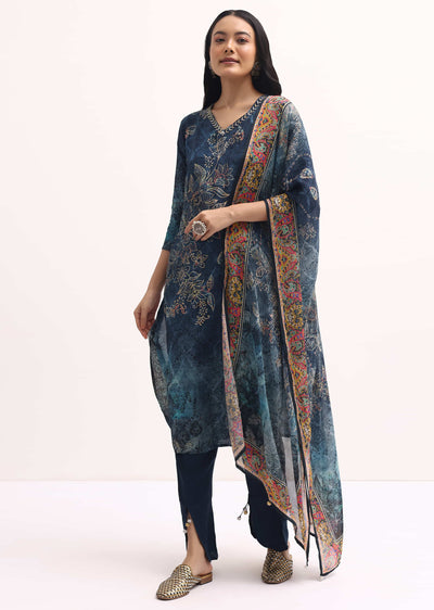 Blue Printed Crepe Kurta Set With Dupatta