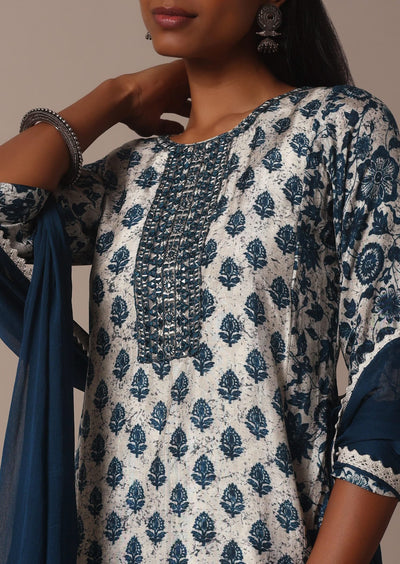 Blue Printed Palazzo Set With Mirror Work Kurta