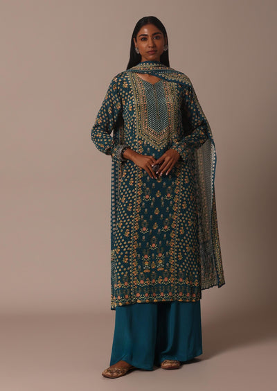 Blue Printed With Stone Detail Kurta Palazzo Set