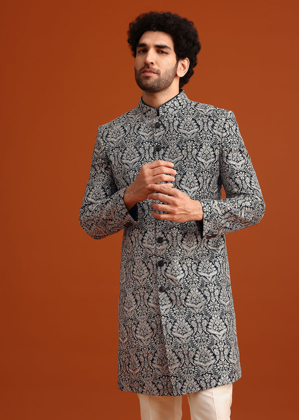 Blue Sherwani Set With Kashmiri Work