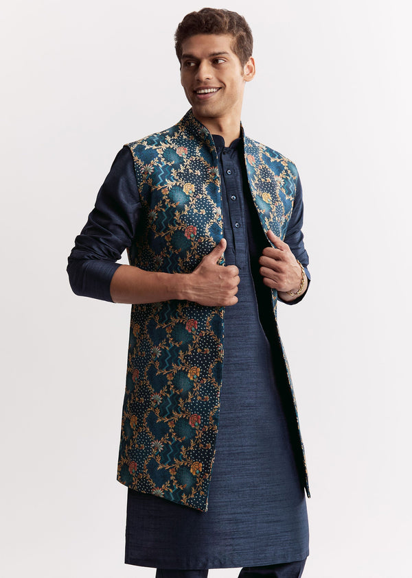 Blue Silk Printed Jacket Kurta Set With Floral Motifs