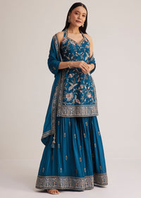Blue Thread Work Sharara Suit With Dupatta