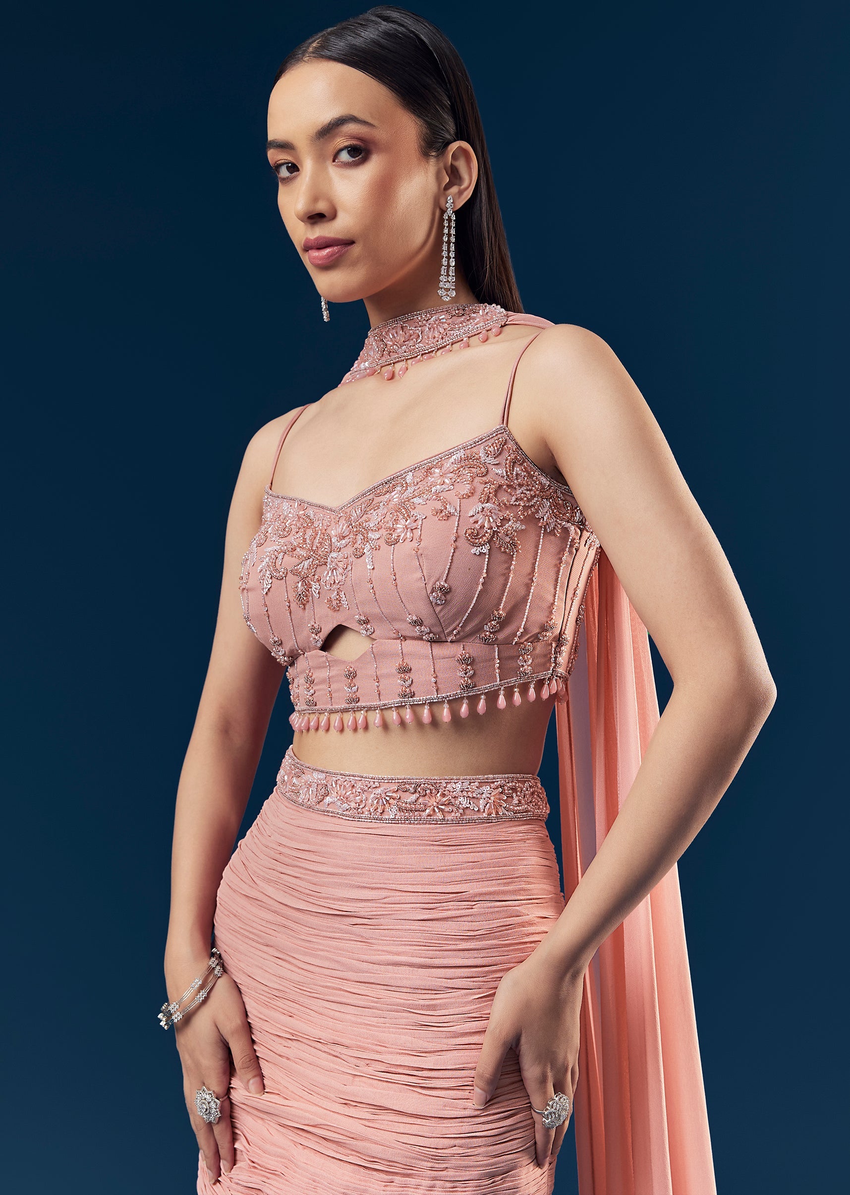 deep pink net fish cut lehenga choli with dupatta Blush Pink Georgette Fish Cut Lehenga With Embroidered Sleeveless Blouse And Choker Dupatta