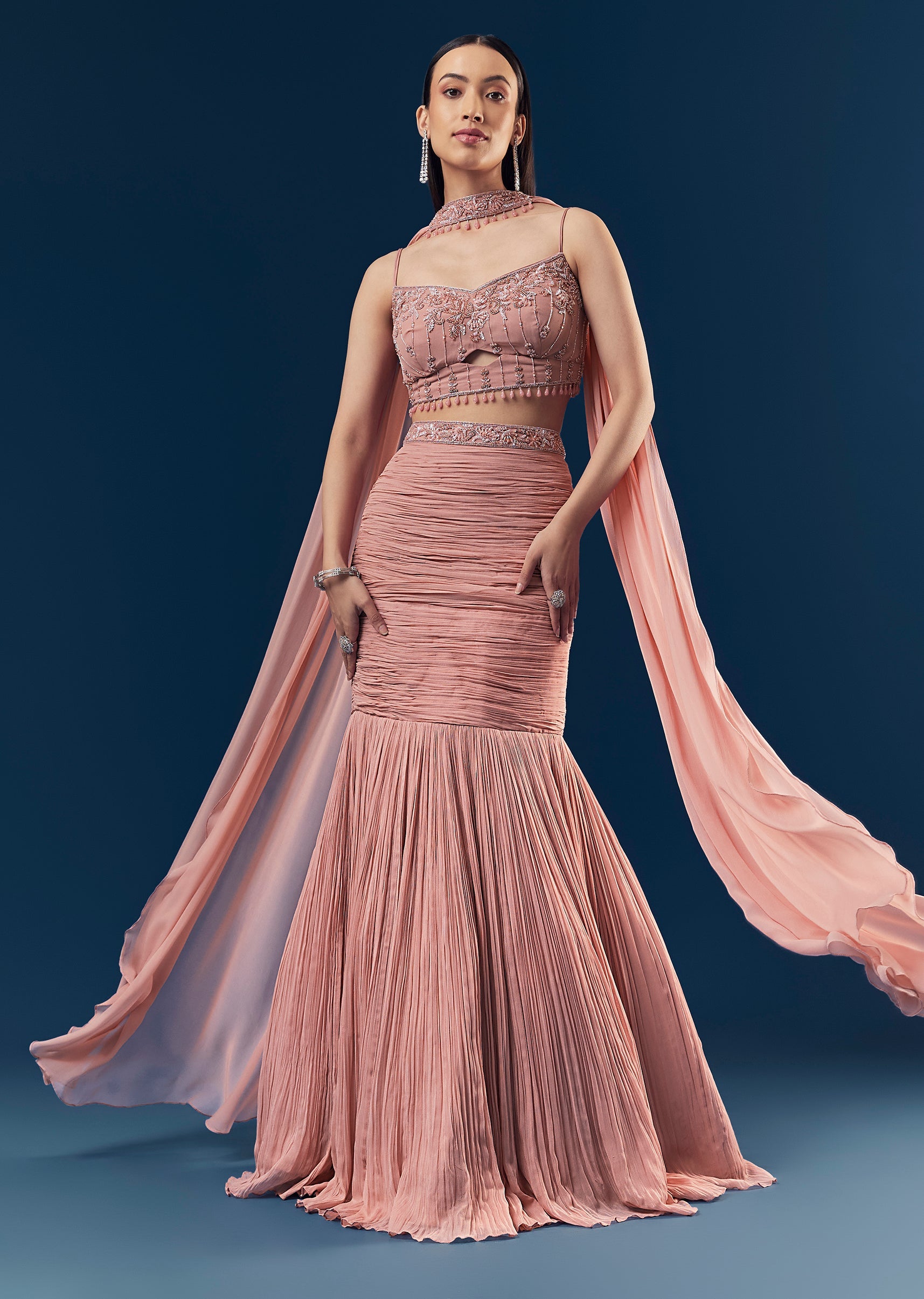 deep pink net fish cut lehenga choli with dupatta Blush Pink Georgette Fish Cut Lehenga With Embroidered Sleeveless Blouse And Choker Dupatta