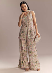 Blush Pink Georgette Palazzo Suit With Sequins And Resham Work