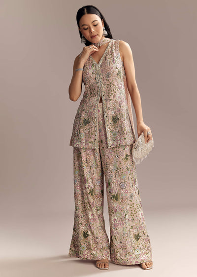 Blush Pink Georgette Palazzo Suit With Sequins And Resham Work