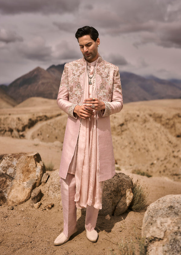 Blush Pink Hand Embroidered Raw Silk Sherwani Set