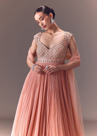 Blush Pink Ruched Anarkali Gown With Dupatta
