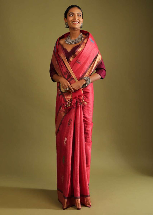 Blush Red Saree In Tussar Silk With Multi Colored Thread Embroidered Folk Design On The Pallu
