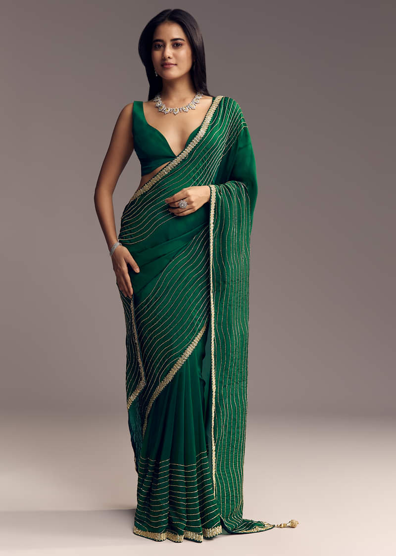 Bottle Green Organza Saree With Scalloped Cut Dana Detailing