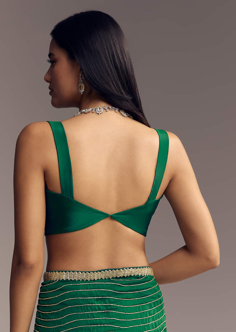 Bottle Green Organza Saree With Scalloped Cut Dana Detailing