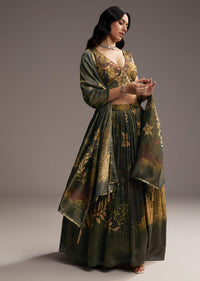 Bottle Green Tissue Lehenga Choli With Floral Print