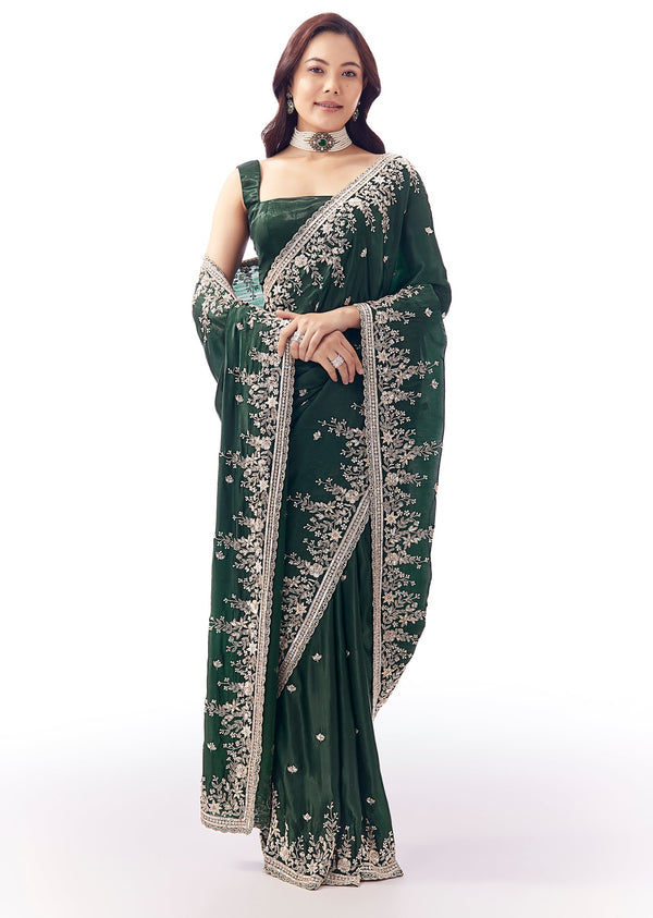 Bottle Green Tissue Silk Saree With Heavy Floral Embroidered Butti Border