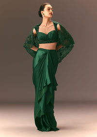 Bottle Green Net Hand Work Fusion Draped Skirt Set