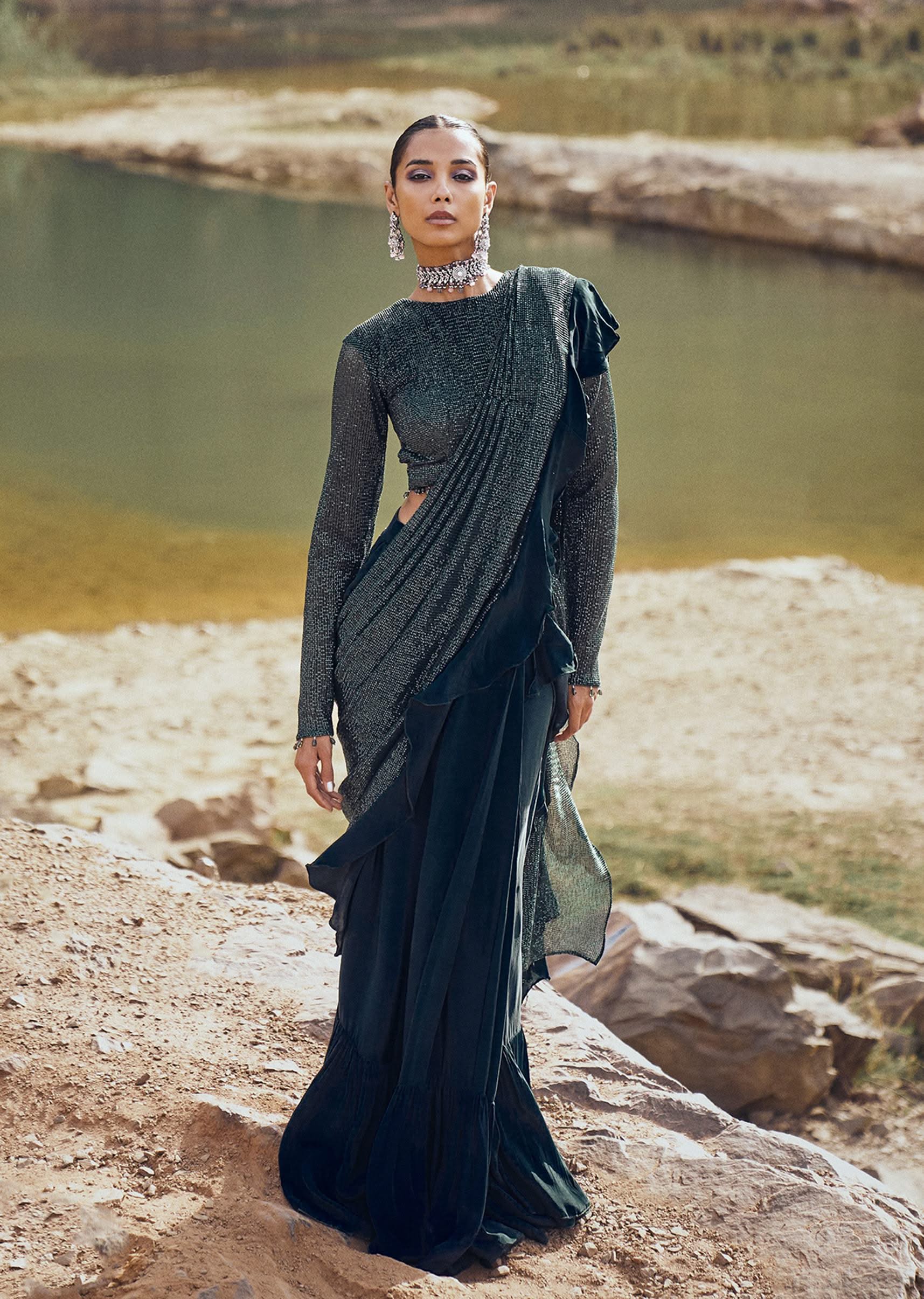 Buy Bottle Green Pre Stitched Frill Saree With Blouse| KALKI Fashion USA