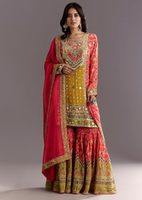 Bright Coral Pink Printed Leather Patch Kurta Sharara With Organza Dupatta