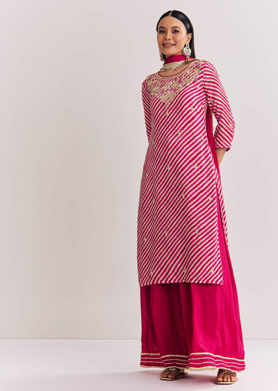 Pink Leheriya Zardosi Work Kurta Palazzo Suit