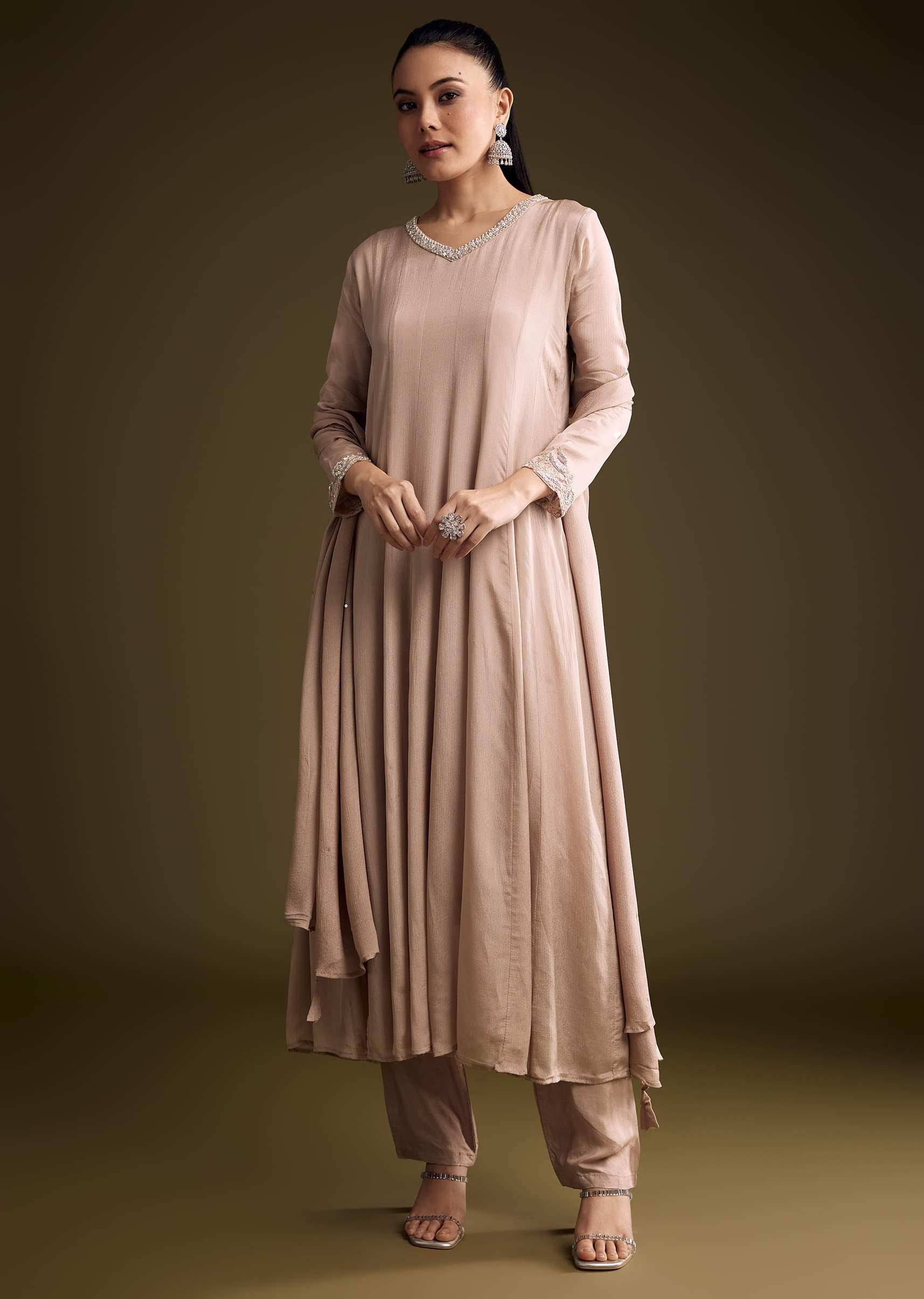 Brown Chinon Anarkali Suit With Sequin Embroidery