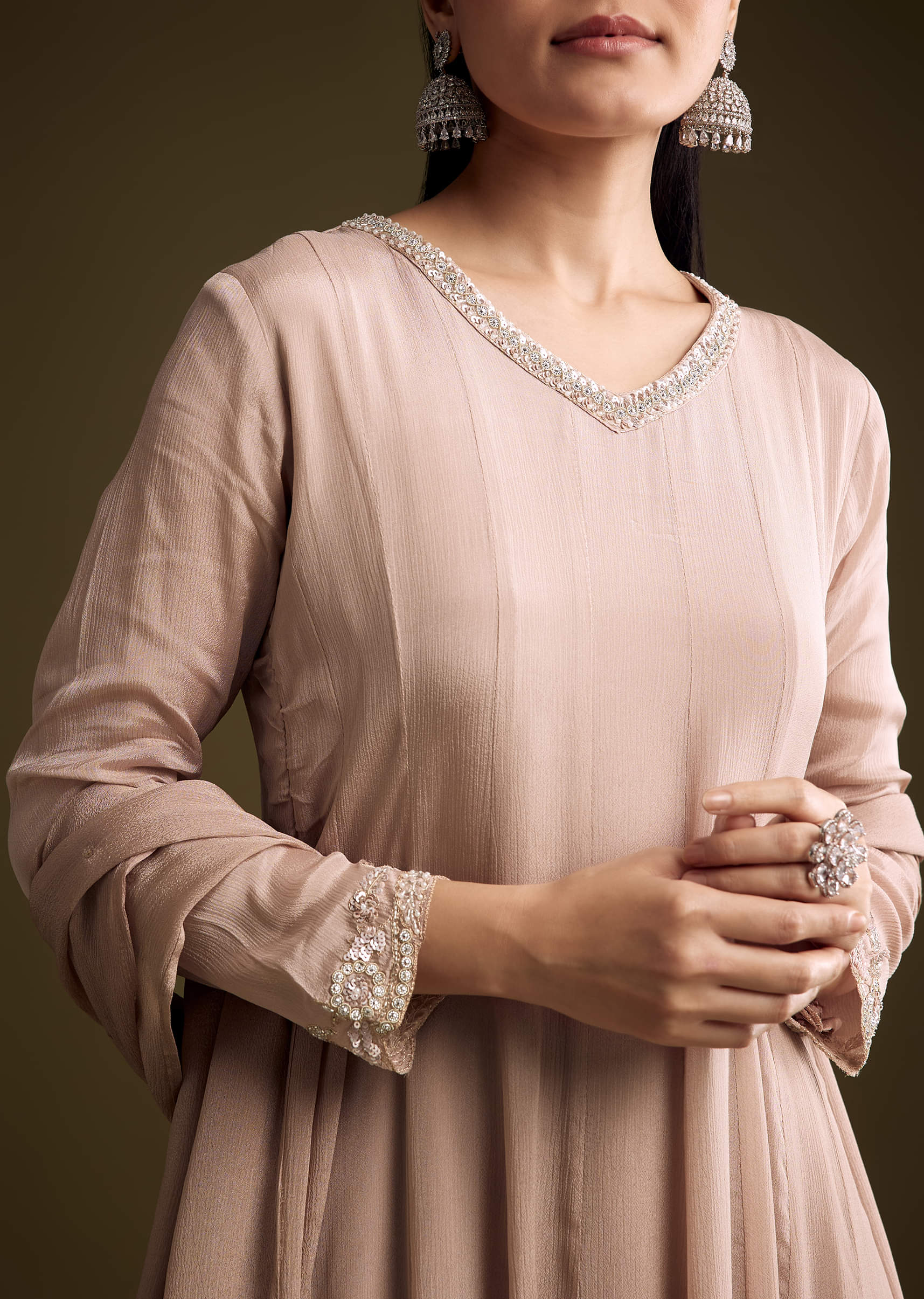 Brown Chinon Anarkali Suit With Sequin Embroidery