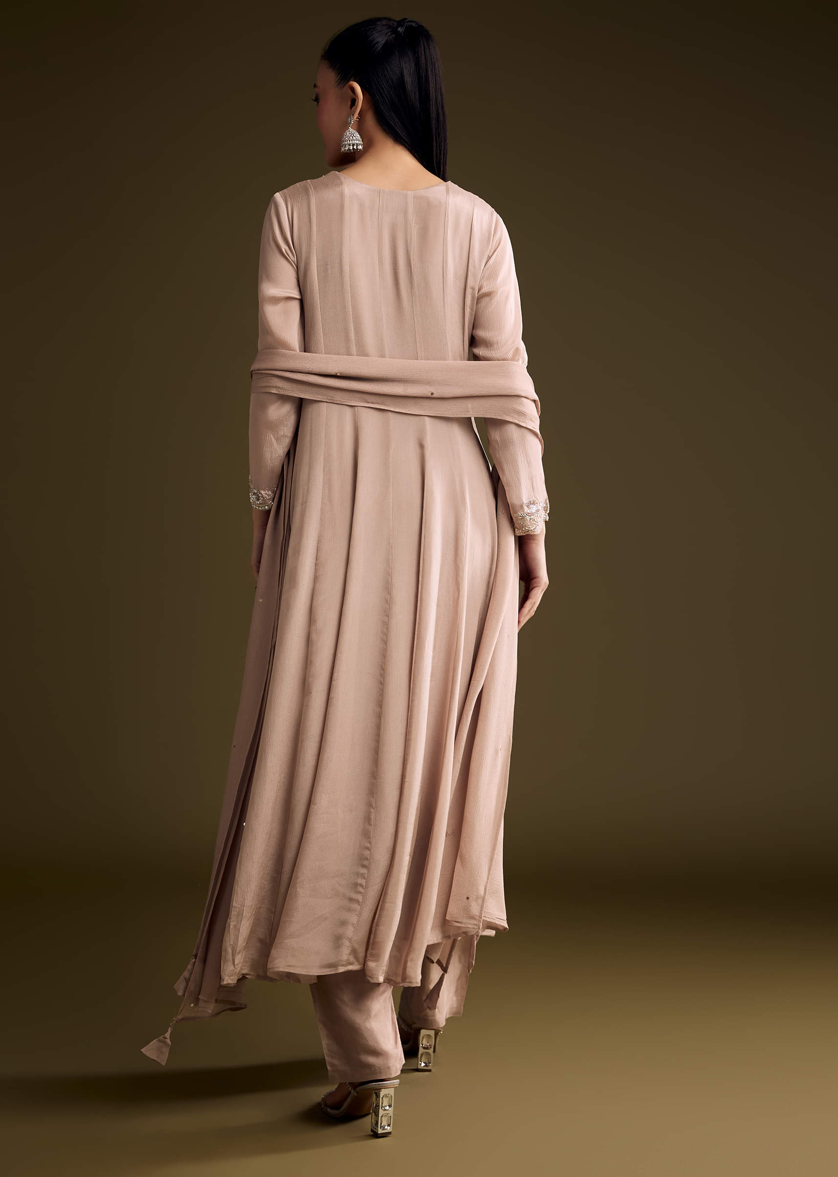 Brown Chinon Anarkali Suit With Sequin Embroidery