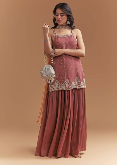 Brown Chinon Palazzo Suit With Sequins Hand Embroidery
