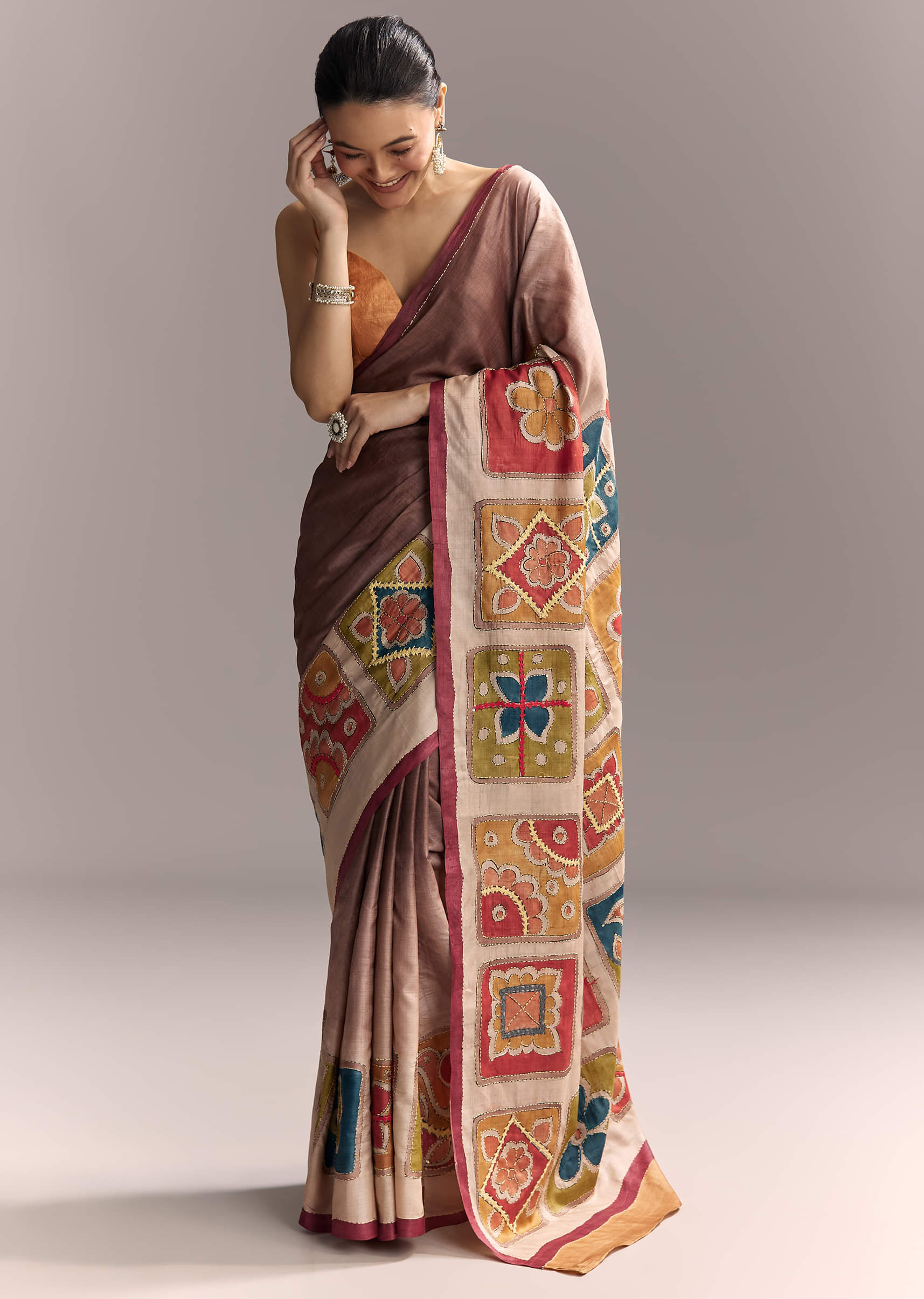 Brown Cotton Hand Painted Saree With Contrast Border