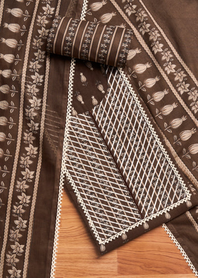 Brown Cotton Printed Unstitched Suit Set With Dupatta