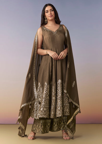 Brown Embellished Anarkali Suit Set With Pant And Dupatta