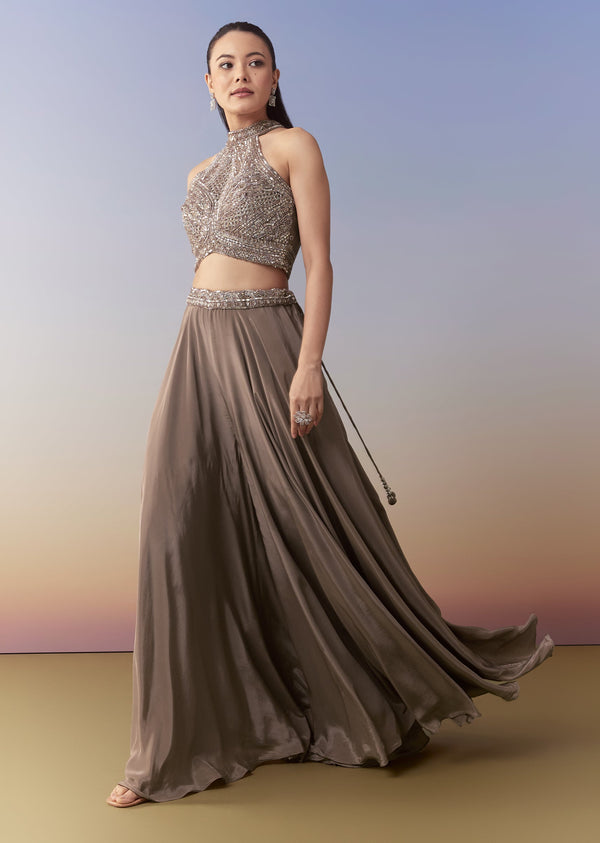 Brown Embellished Crop Top Palazzo Set