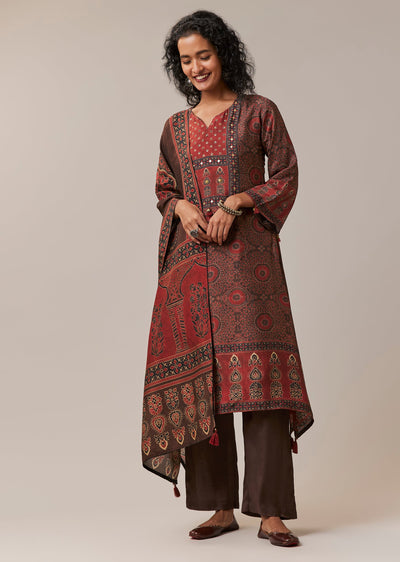 Brown Indie Print Silk Kurta Set