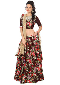 Brown lehenga embellished in print and mirror embroidery only on Kalki