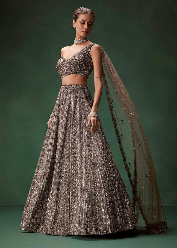 Brown One Shoulder Bridal Lehenga Set With All Over Sequins