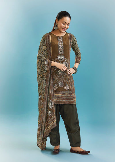 Brown Printed Kurta Set With Mirror Detailing