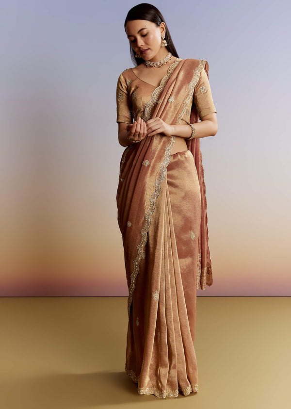 Brown Rust Tissue Saree With Moti Beads And Sequins