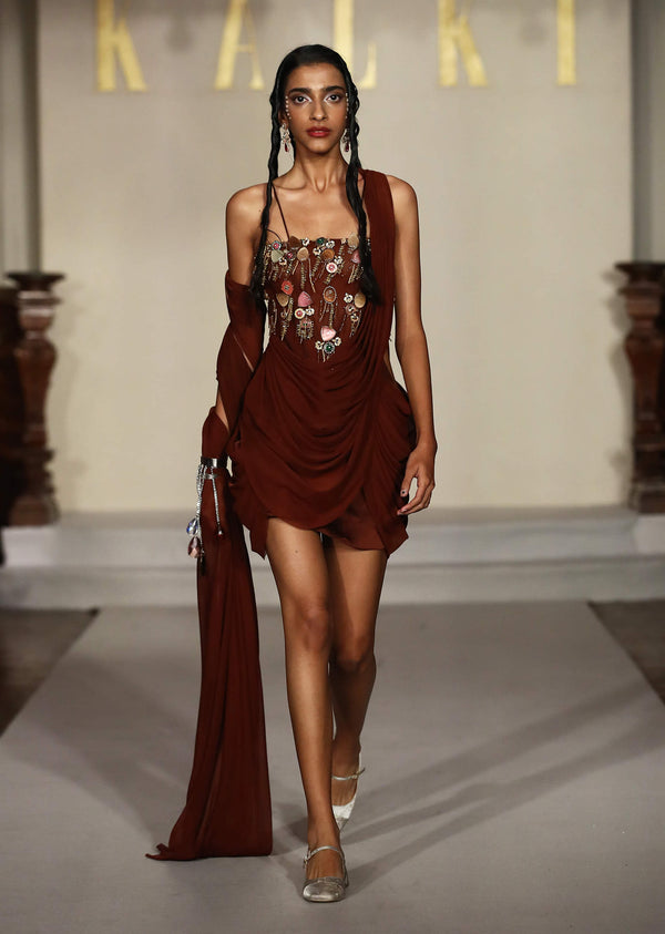 Brown Satin Bridal Mini Dress With Kundan Embroidery