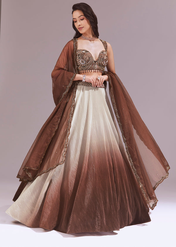 Brown Sequins Cut Dana And Beads Lehenga With Net Dupatta